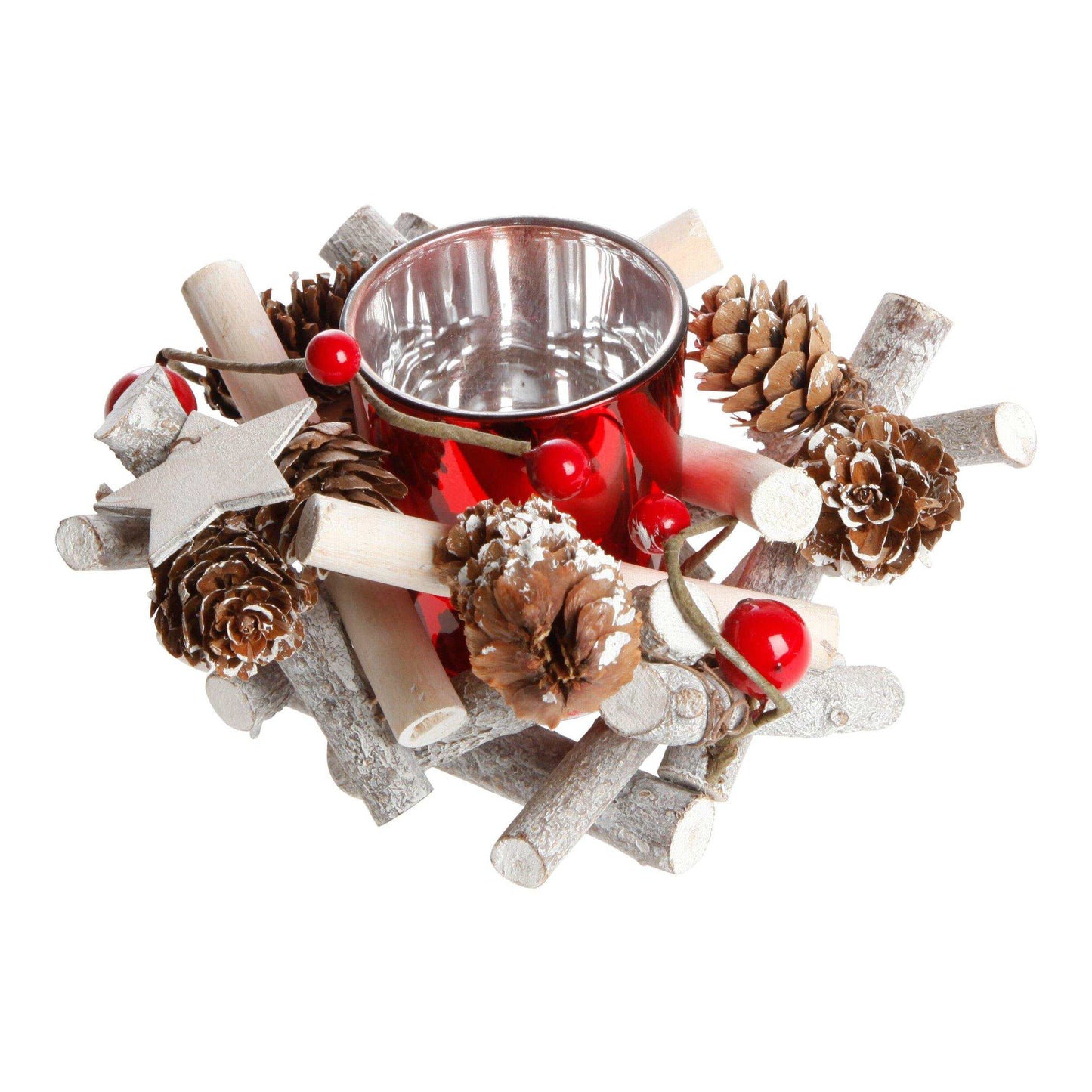Ljusstake natur m röda bär 15cm - The Christmas Store - Sverige