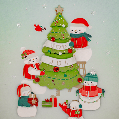 3D Julkort - Snögubbarna klär julgranen