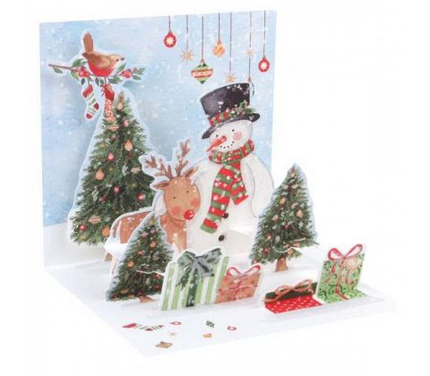 3D Pop-Up Kort - Snögubbe med renar - Julkort