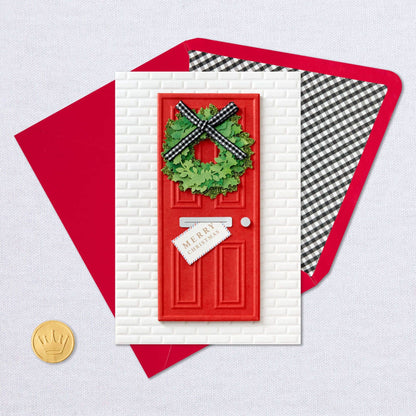 3D Julkort - Röd Dörr, Grön Krans m. Vit Tegelväg