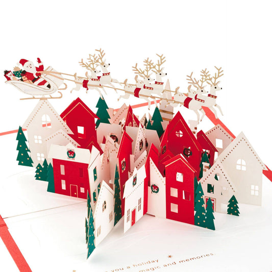 3D Pop-Up Kort - Tomten över Stad med Renar - Julkort